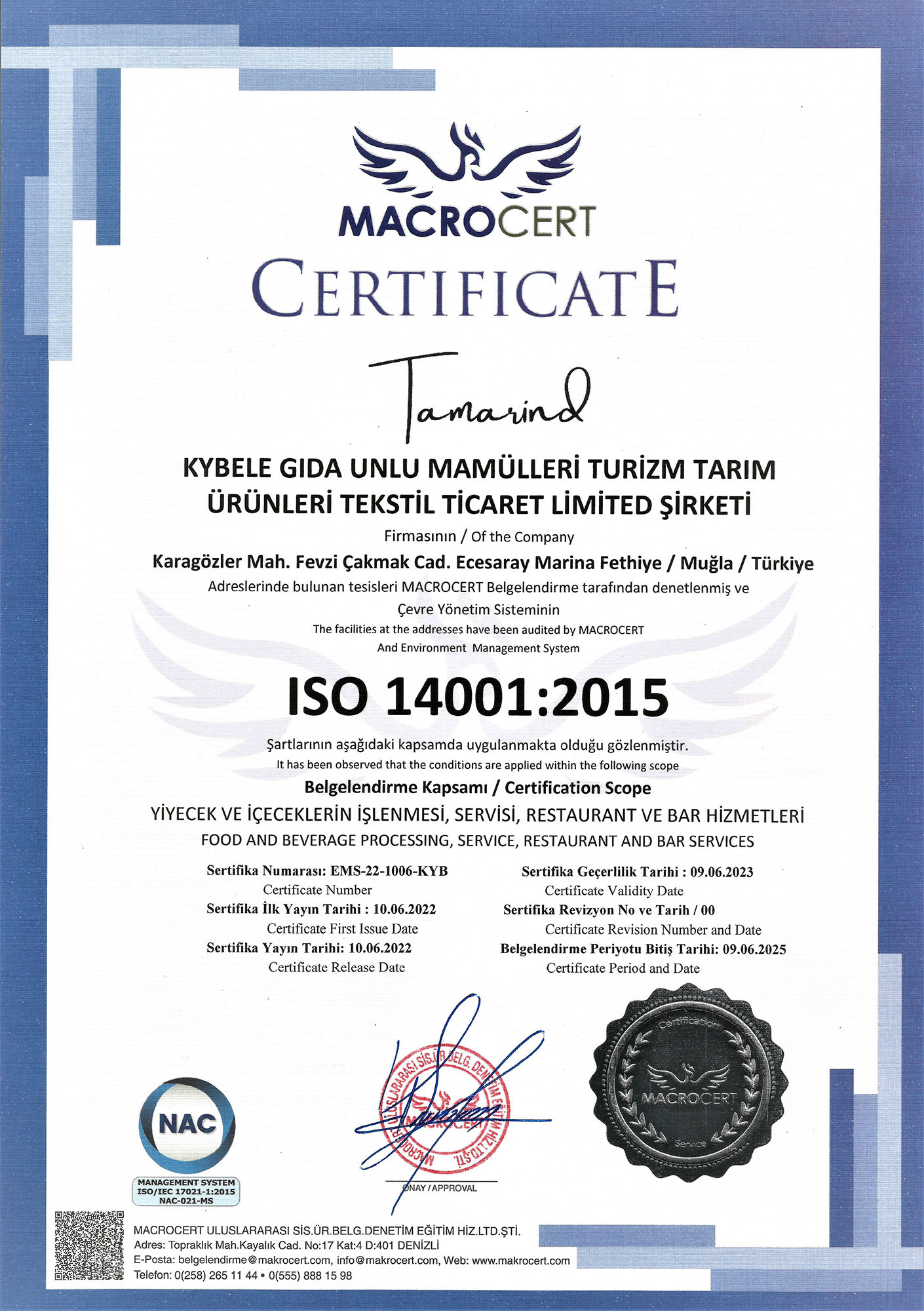 tamarind ISO 14001 certificate