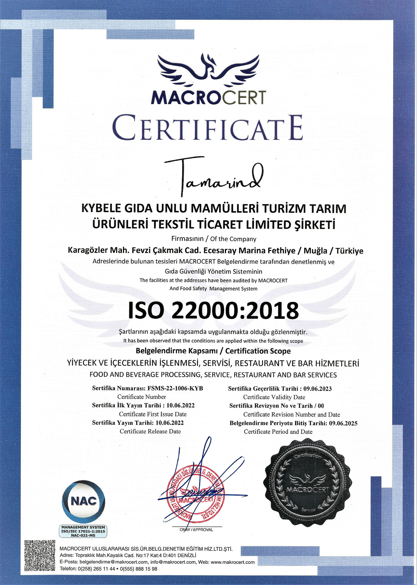 tamarind ISO 22000 certificate