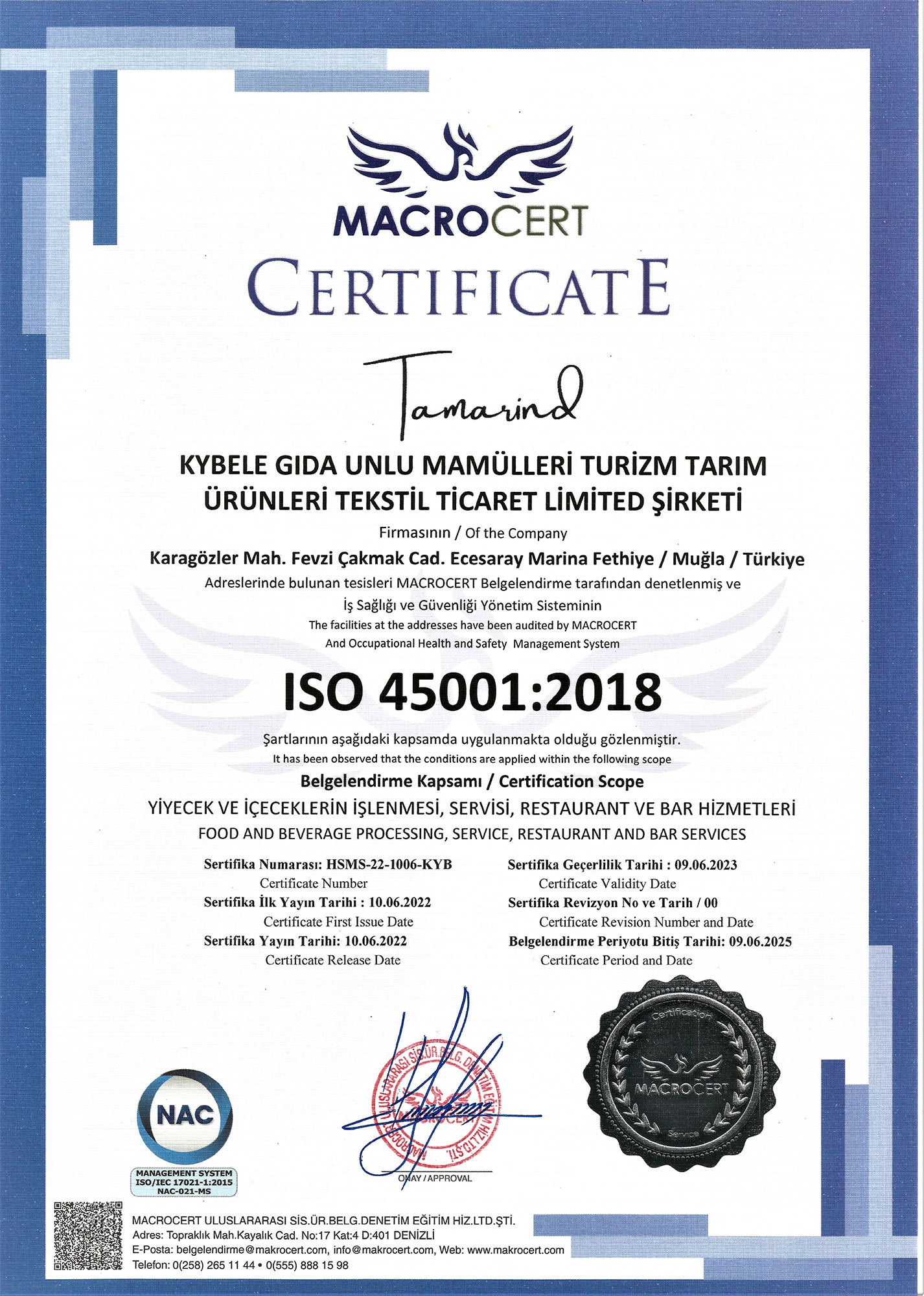 tamarind ISO 45001 certificate
