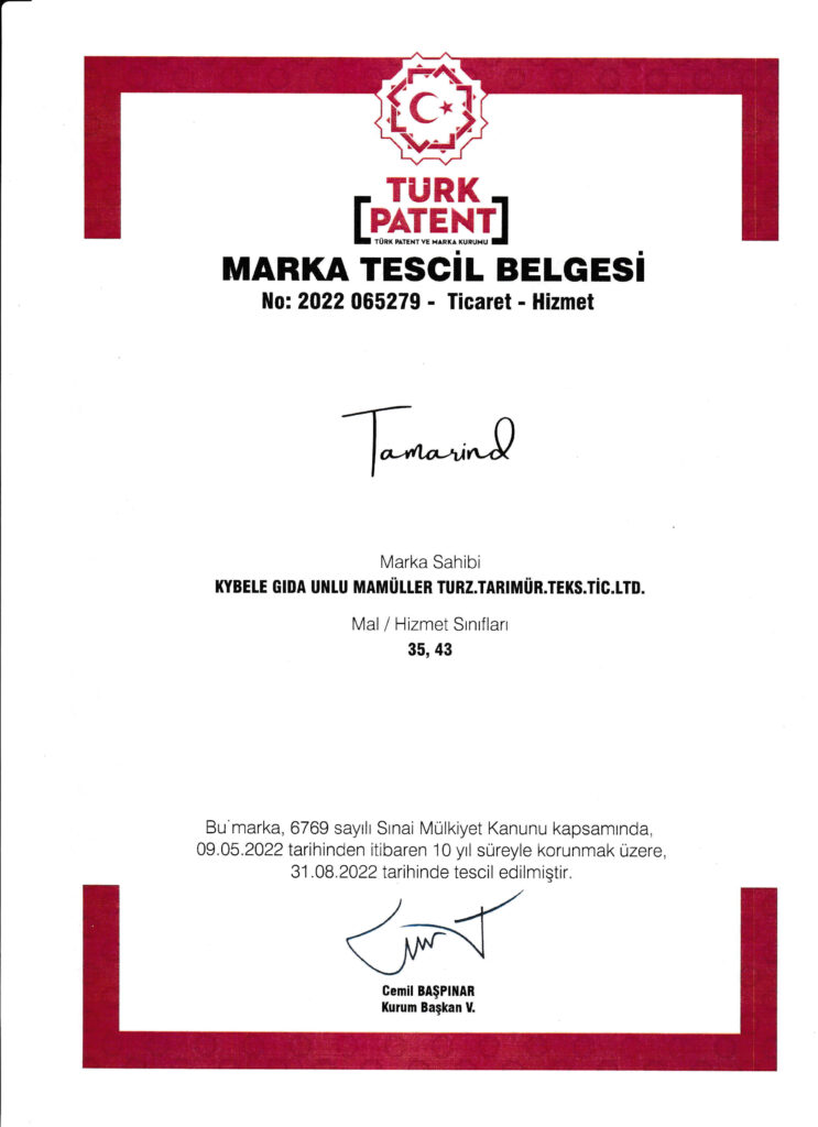 Tamarind restaurant Fethiye Ece Marina patent belgesi